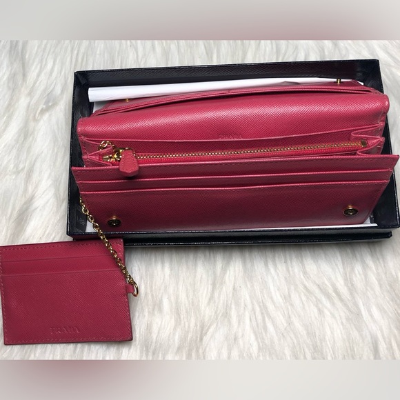 Prada Pink Peonia Textured Saffiano Triang Leather Wallet - Picture 15 of 17